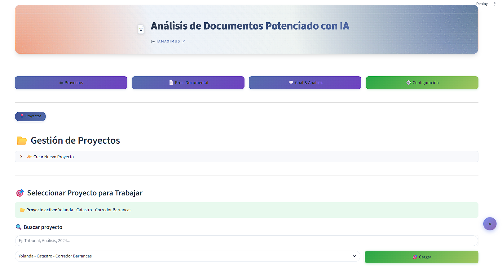 Pantalla de gestión de proyectos mostrando la lista de proyectos y el botón Crear Nuevo Proyecto